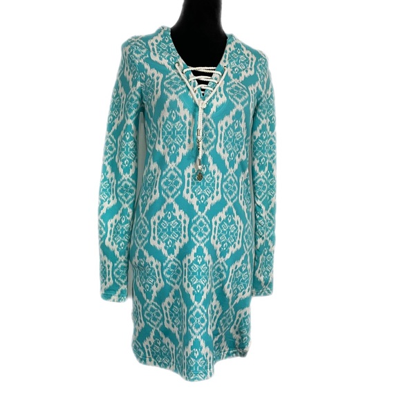 EUC - Macbeth Collection Hooded Tunic Swim Cover Up in Aqua/White - Small - Picture 1 of 7